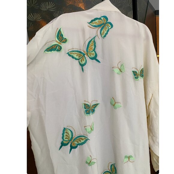Beautiful Vintage White Silk Crepe Gold Teal and Green Butterflies Kimono Size M - Picture 4 of 7